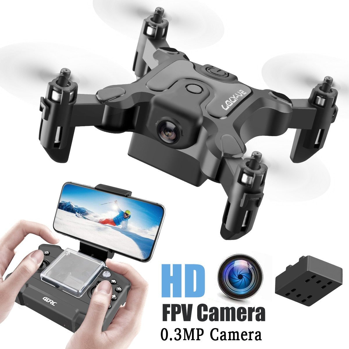 Mini RC drone with HD camera and remote control ready for indoor quadcopter practice.