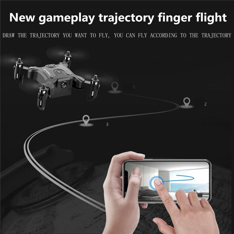 Mini RC drone controlled by smartphone app with trajectory flight for guided aerial paths.
