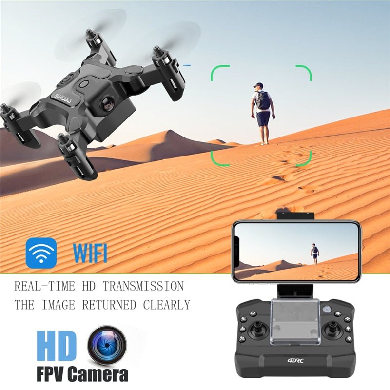 Mini RC drone with WiFi HD FPV camera streaming live footage during outdoor desert flights.