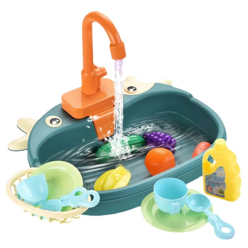 Toy sink set with faucet, toys, and accessories.