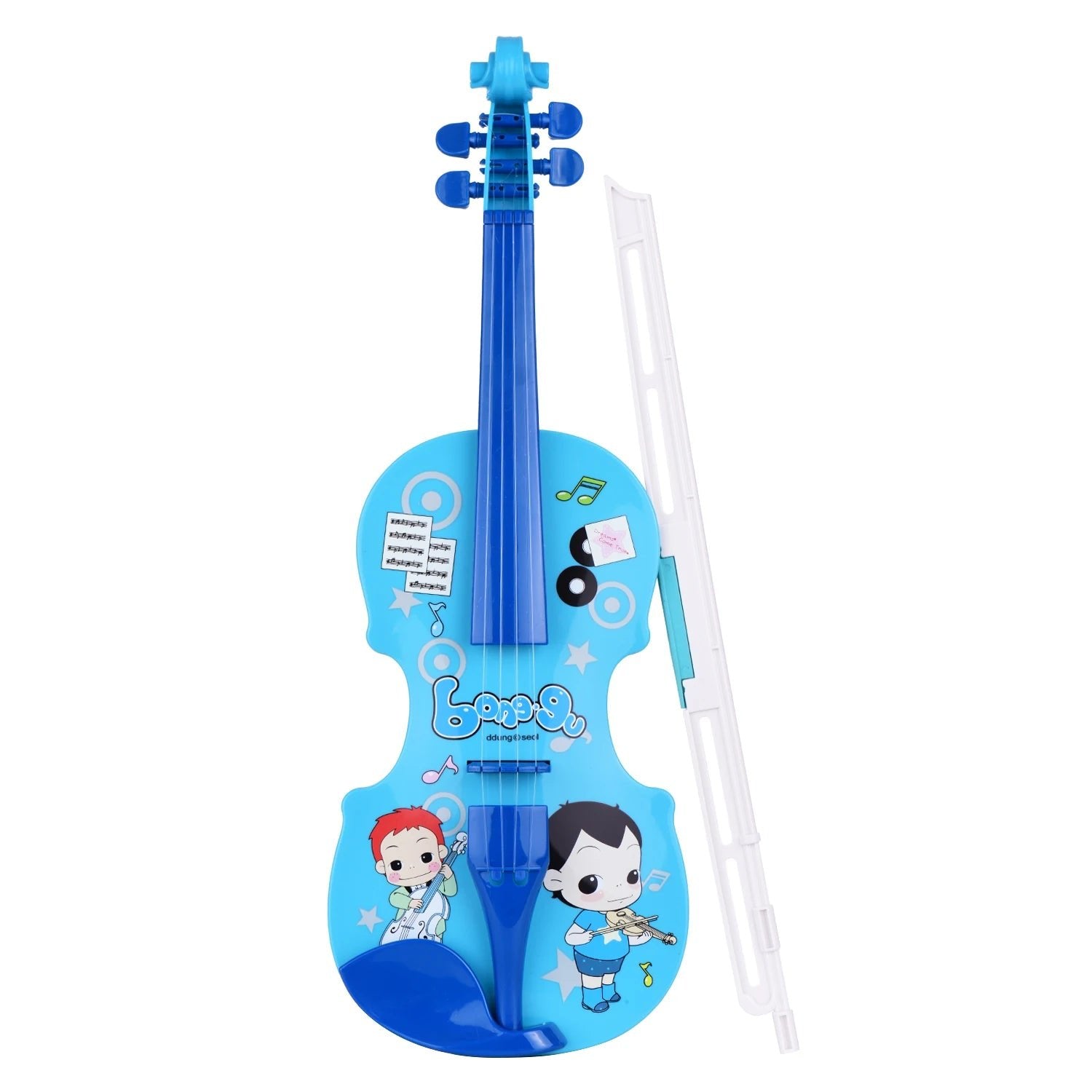 Mini electric kids violin toy with playful cartoon characters for imaginative musical play.