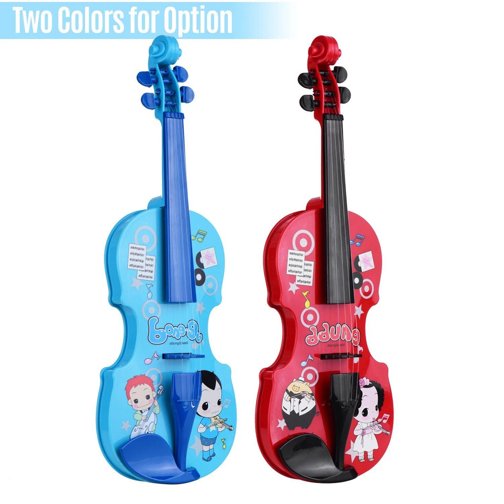Mini electric kids violin toy available in red and blue for choosing a favorite color.