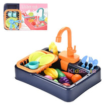 Toy kitchen sink set with fruits, vegetables, and utensils.