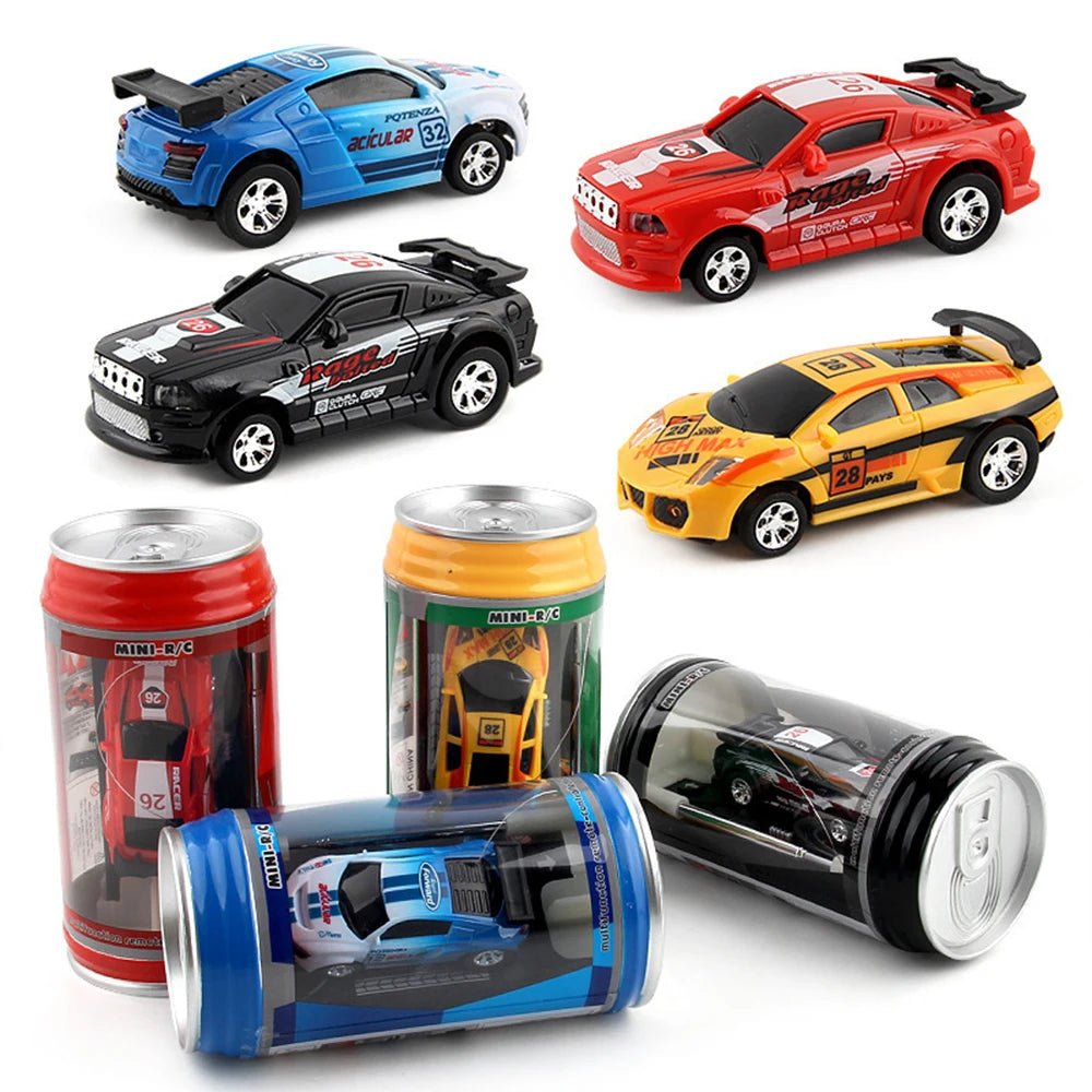 Mini RC can box car collection in multiple colors shown with their canister packaging.