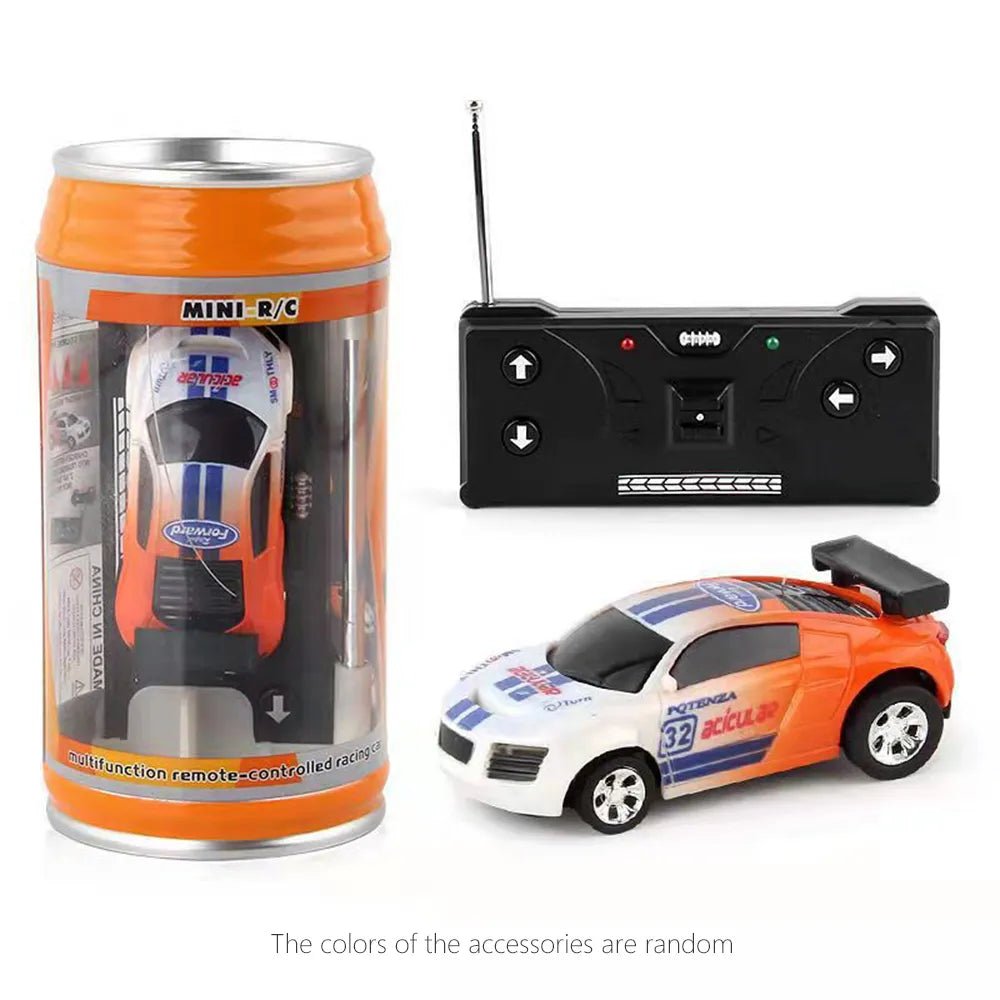 Mini RC can box car pocket-size racer with controller for on-the-go play.