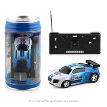 Mini RC can box car tiny racer shown with its packaging for kids light-up racing toys.