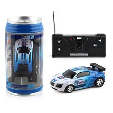 Mini RC car with radio remote control and can packaging as a complete play set for beginners and young racers.