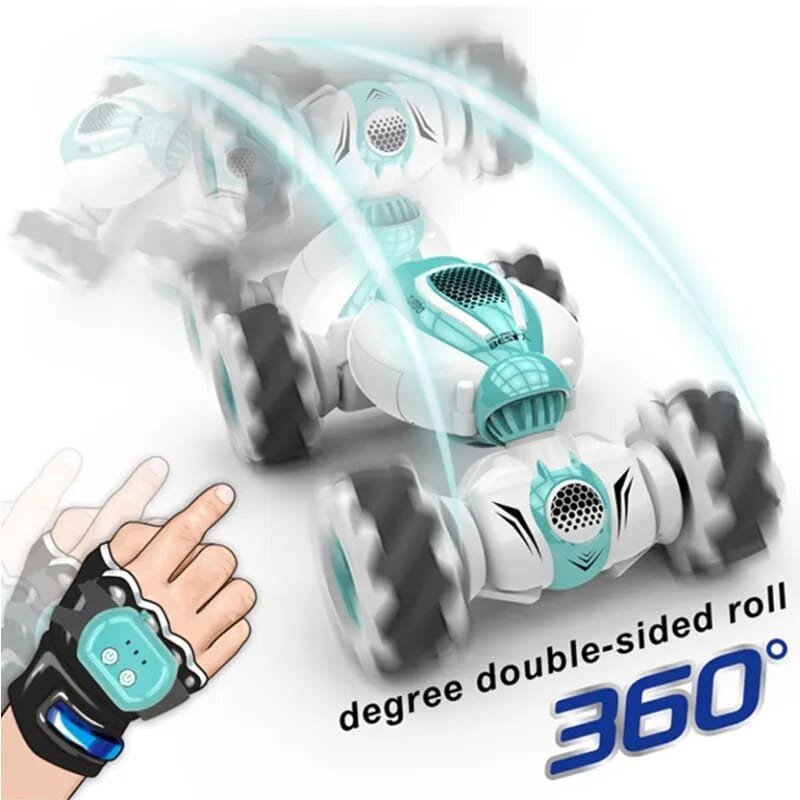 Mini RC stunt car with gesture watch controller worn on the wrist for hands-free driving and playtime stunts.