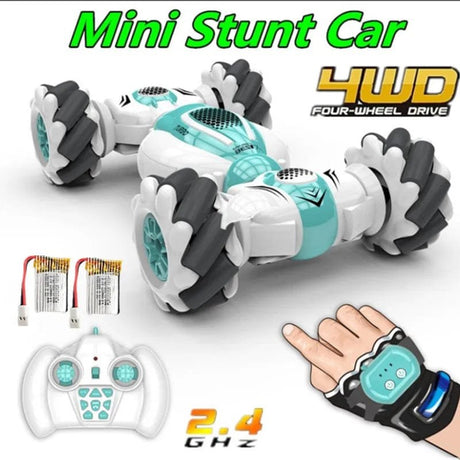 Mini stunt car with remote control and batteries.