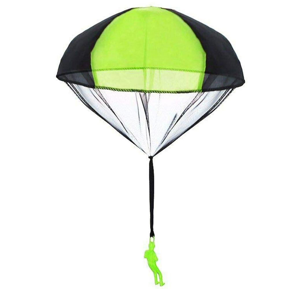 Parachute with a green figure attached.