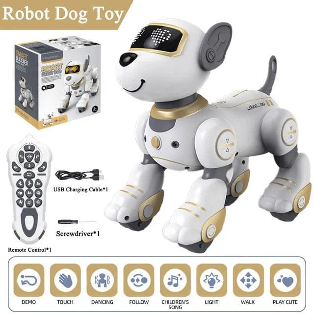 Robot dog toy with remote control, USB charging cable, screwdriver, and packaging.