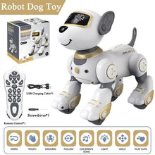 Robot dog toy with remote control, USB charging cable, screwdriver, and packaging. (option 2)