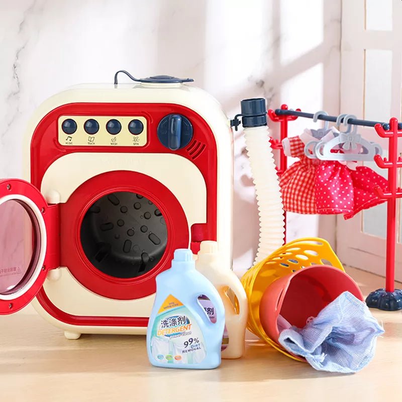 Mini washing machine and dryer toy with lights and music for pretend play chores.