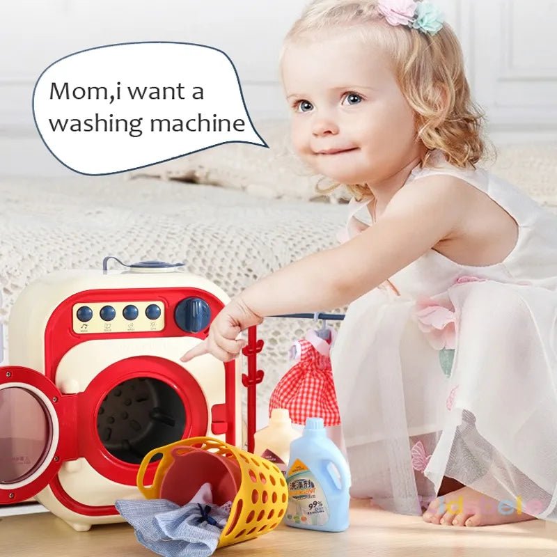Mini washing machine toy with battery-operated lights and music for realistic pretend play.