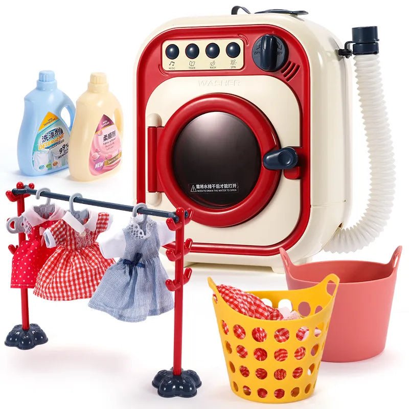 Mini washing machine and dryer toy full set with accessories for household pretend play.