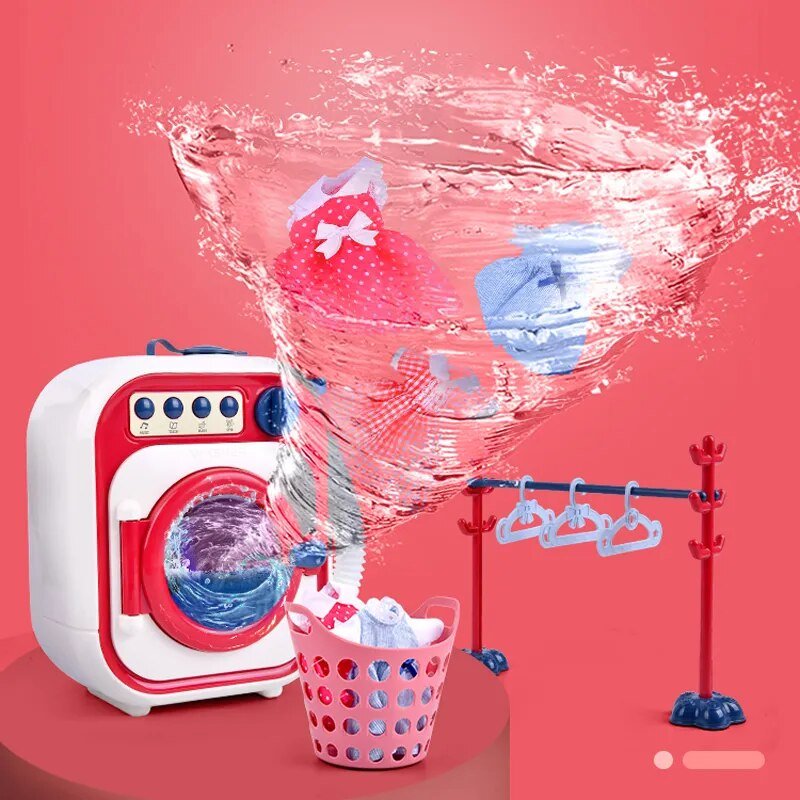 Mini electric washing machine toy with lights and music shown from the side for imaginative play.