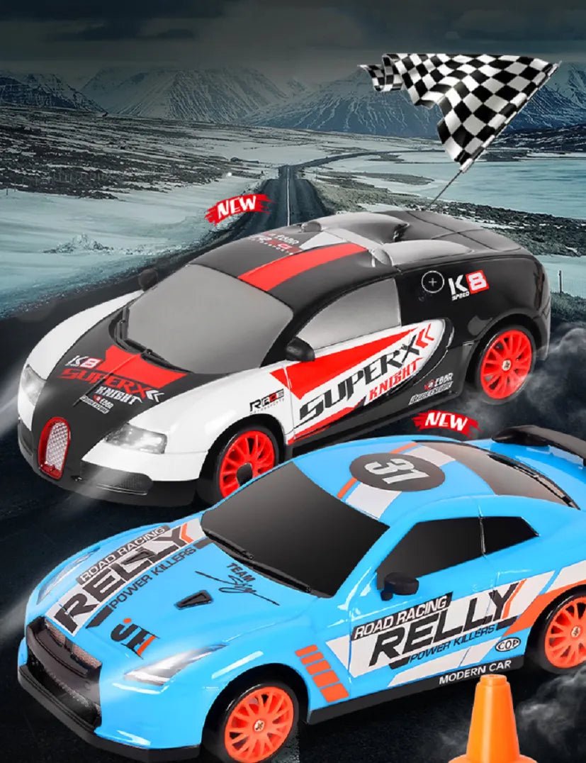 Two toy racing cars with visible branding