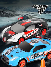 Two toy racing cars with visible branding