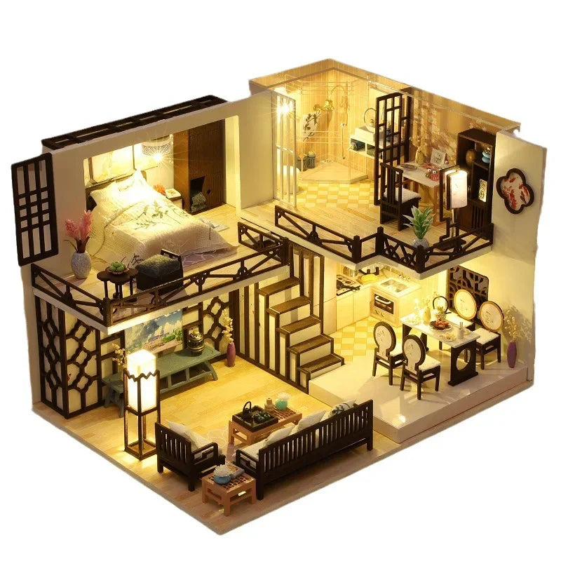 Wooden miniature house kit interior with furniture and LED lighting for realistic dollhouse ambience.
