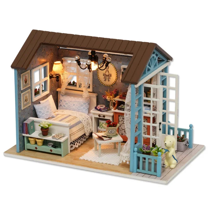 Wooden miniature room box dollhouse kit interior showing furniture placement for DIY hobby crafting.