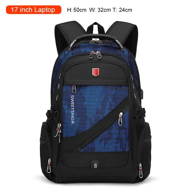 Blue and black backpack with visible brand logo