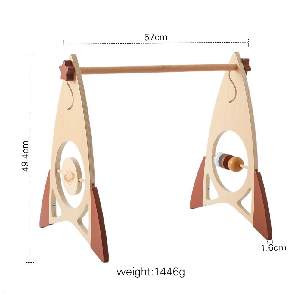 Wooden baby play gym with labelled dimensions and weight for checking nursery fit before purchase.