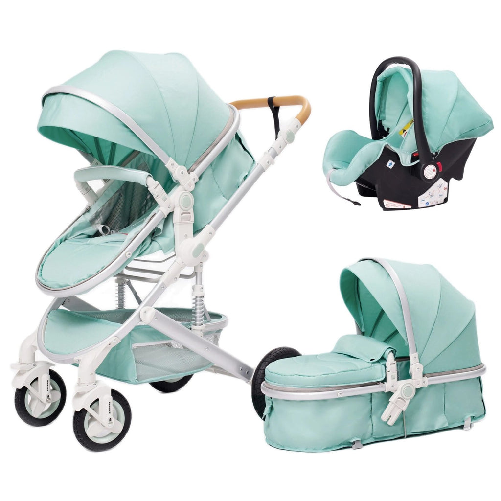 Mint green 3-in-1 baby stroller with a reclining seat for comfortable naps on the go.