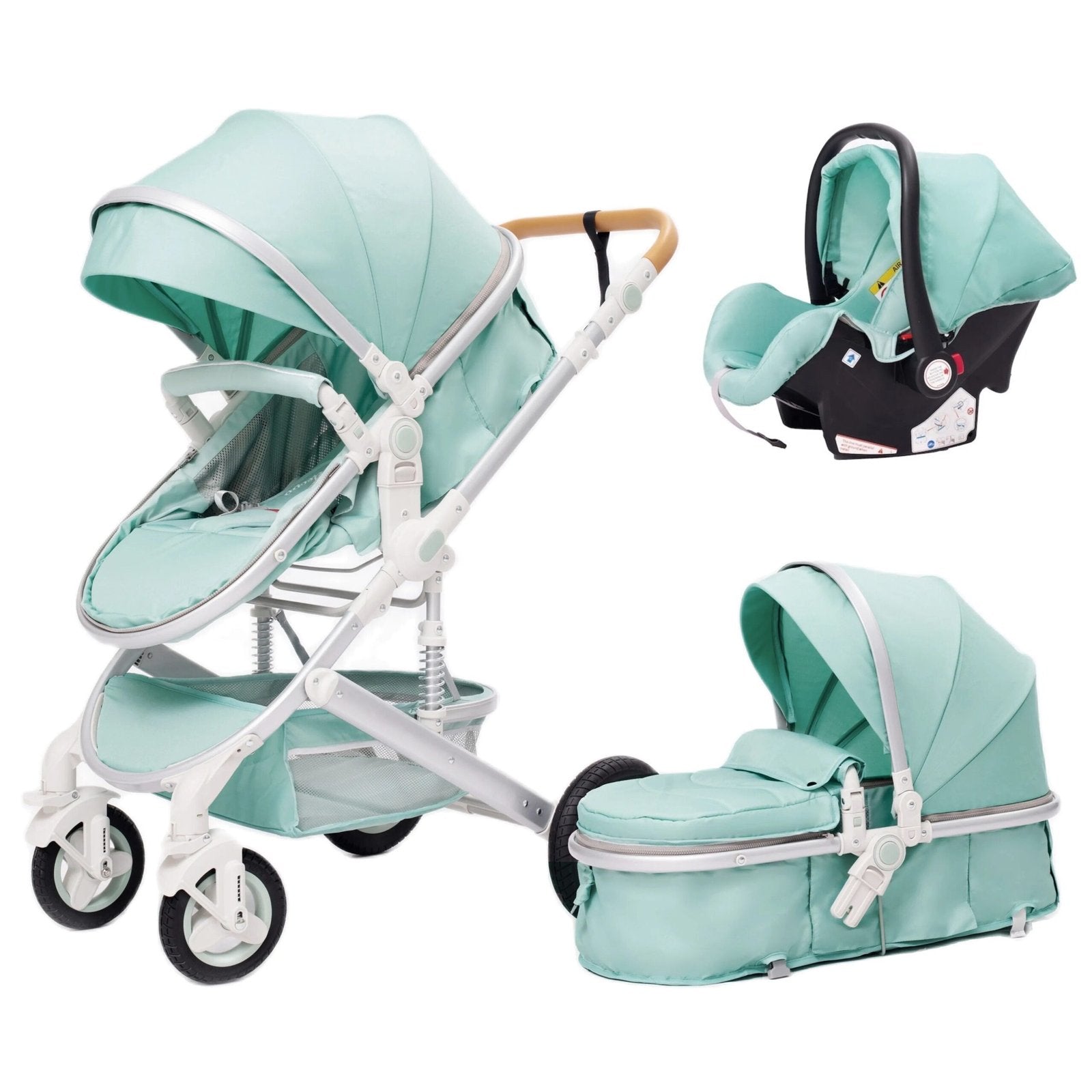 Mint green 3-in-1 baby stroller with a storage basket for carrying essentials.