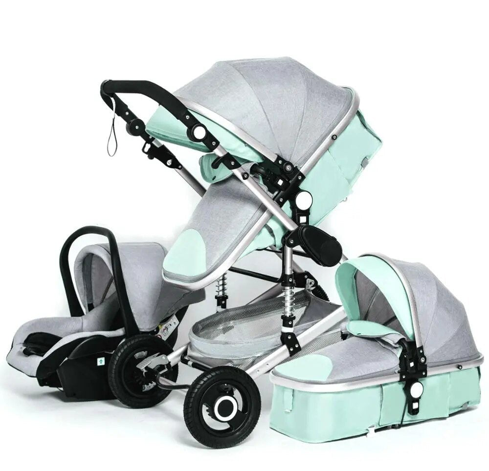 Mint green and gray 3-in-1 baby stroller with car seat for travel and daily walks.