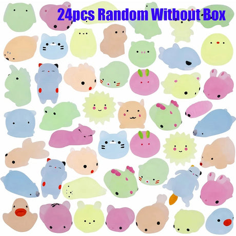 24 colorful squishy toys in various shapes and colors without a box.