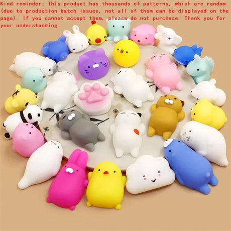 Collection of colorful animal-shaped squishies on a beige background with text overlay.