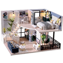 Wooden miniature dollhouse kit modern apartment layout with living room, kitchen, and bedroom zones.