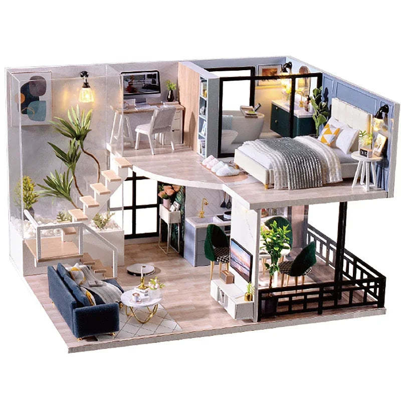 Wooden miniature dollhouse kit modern apartment layout with living room, kitchen, and bedroom zones.