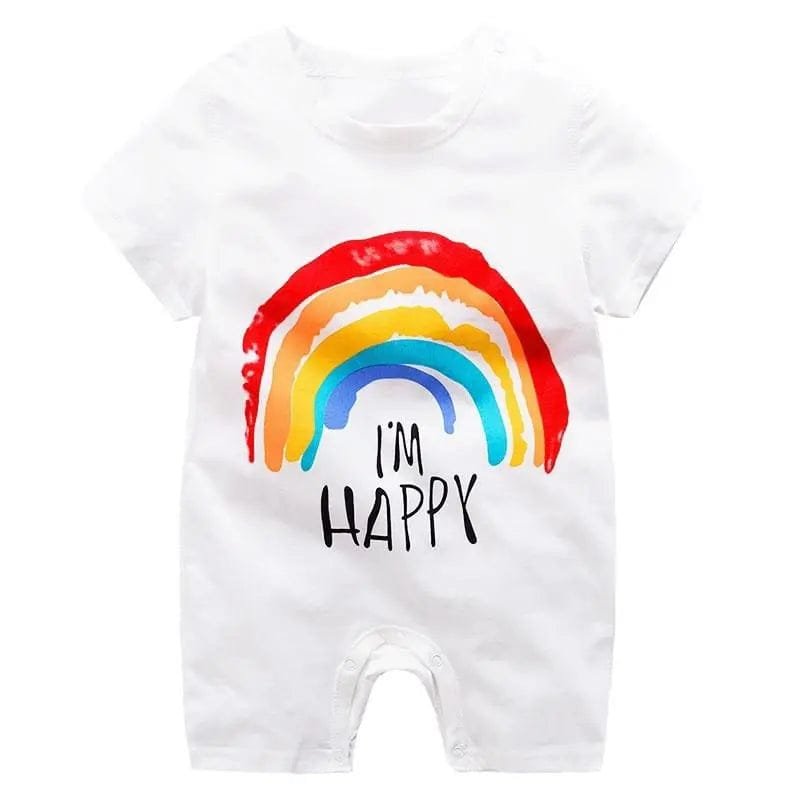 White baby romper with a colorful rainbow and 'I'm Happy' text 