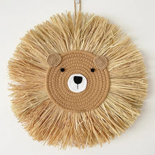 Modern boho lion wall decor, handmade and woven, for finishing nursery walls and kids room displays.