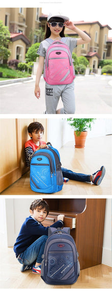 Three children with backpacks in different colors on a street.
