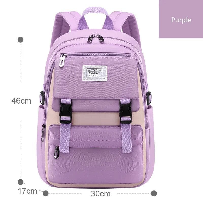 Modern purple waterproof girls school backpack with large storage layout for organised study materials and campus travel.