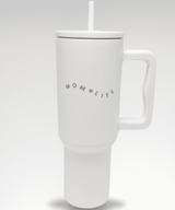White mug with 'MOMLIFE' text 