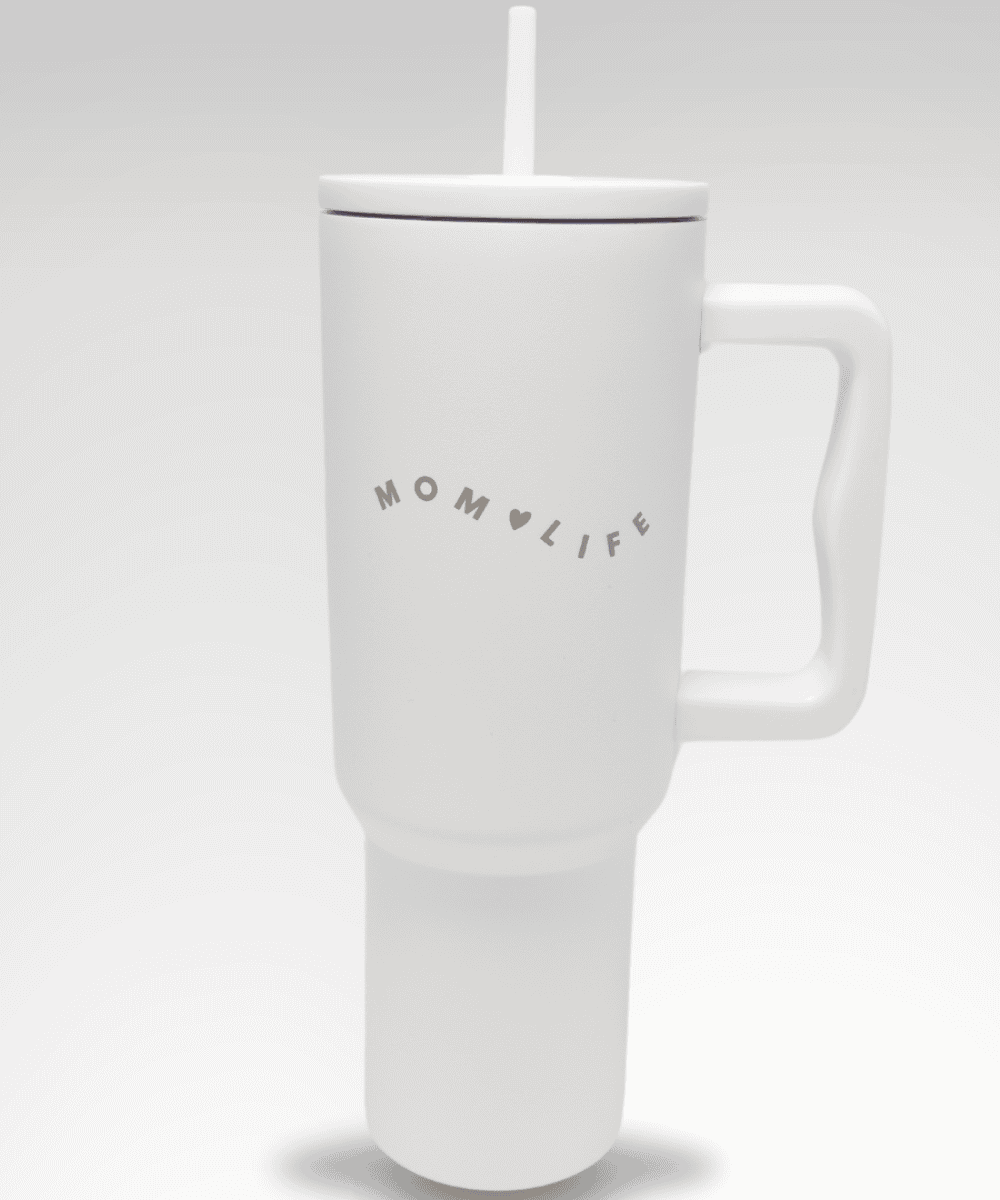 White mug with 'MOMLIFE' text 