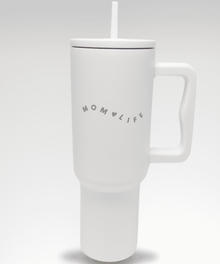 White mug with 'MOMLIFE' text 