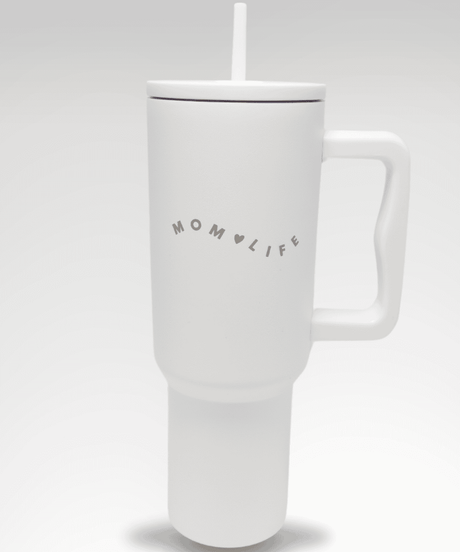 White mug with 'MOMLIFE' text 