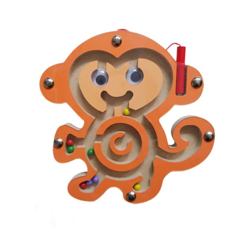 Montessori wooden chunky puzzle toy featuring a monkey and colorful beads for baby sensory play.