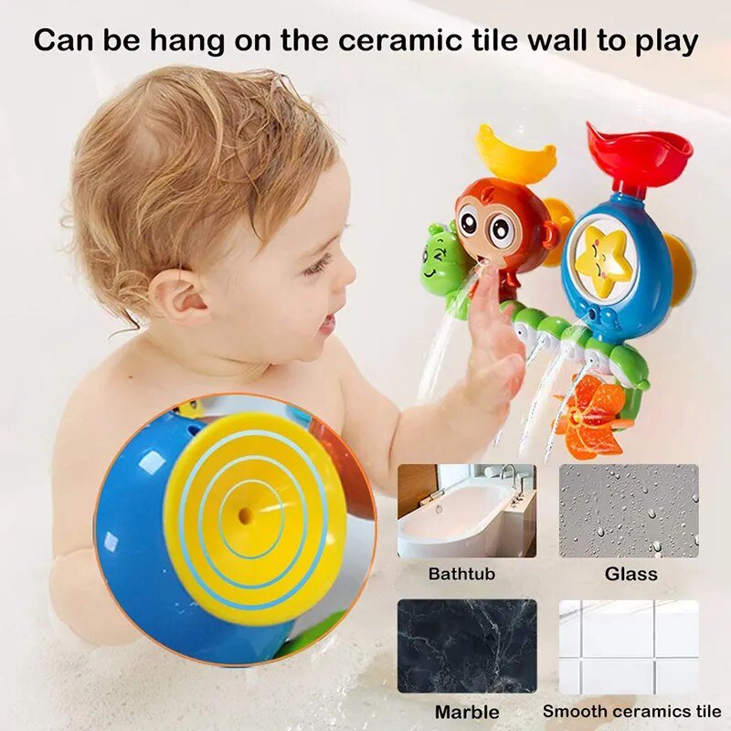 Child playing with the monkey caterpillar bath toy mounted on the shower wall for interactive fun.