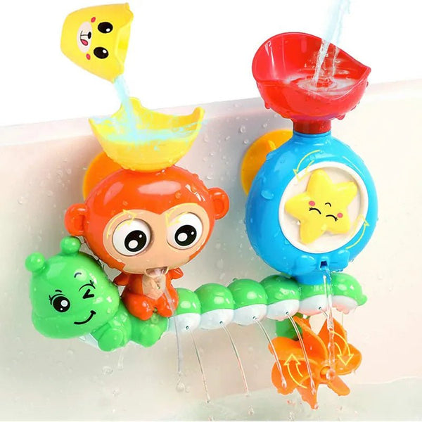 Monkey caterpillar bath toy with wall suction track for kids shower and tub playtime.
