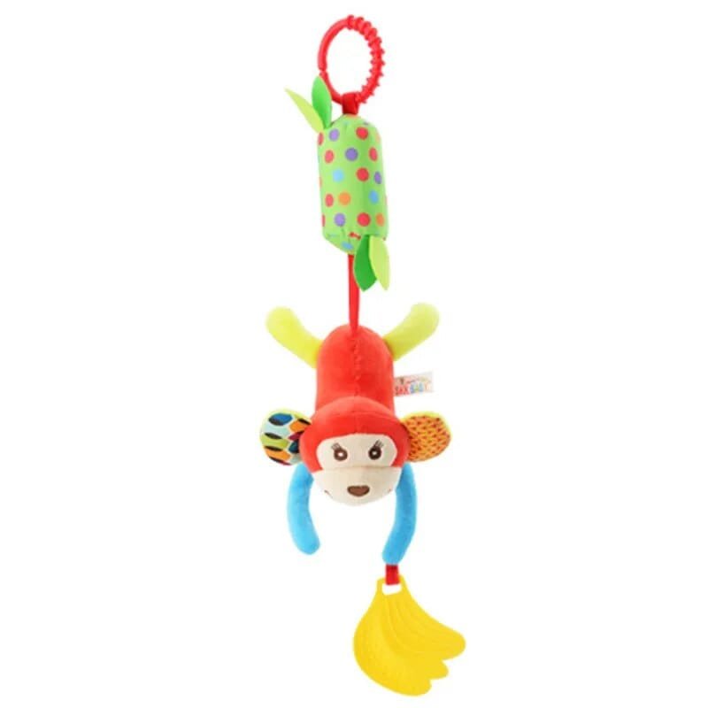 Soft Animal Handbell Rattle in monkey design for baby sensory play, sound discovery, and teething relief.