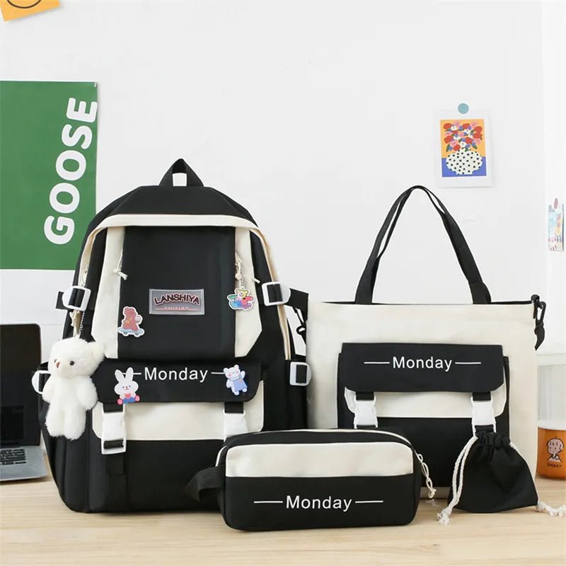 Monochrome black and white Kawaii school bag set for teen girls carrying laptops, books, and gym kit.