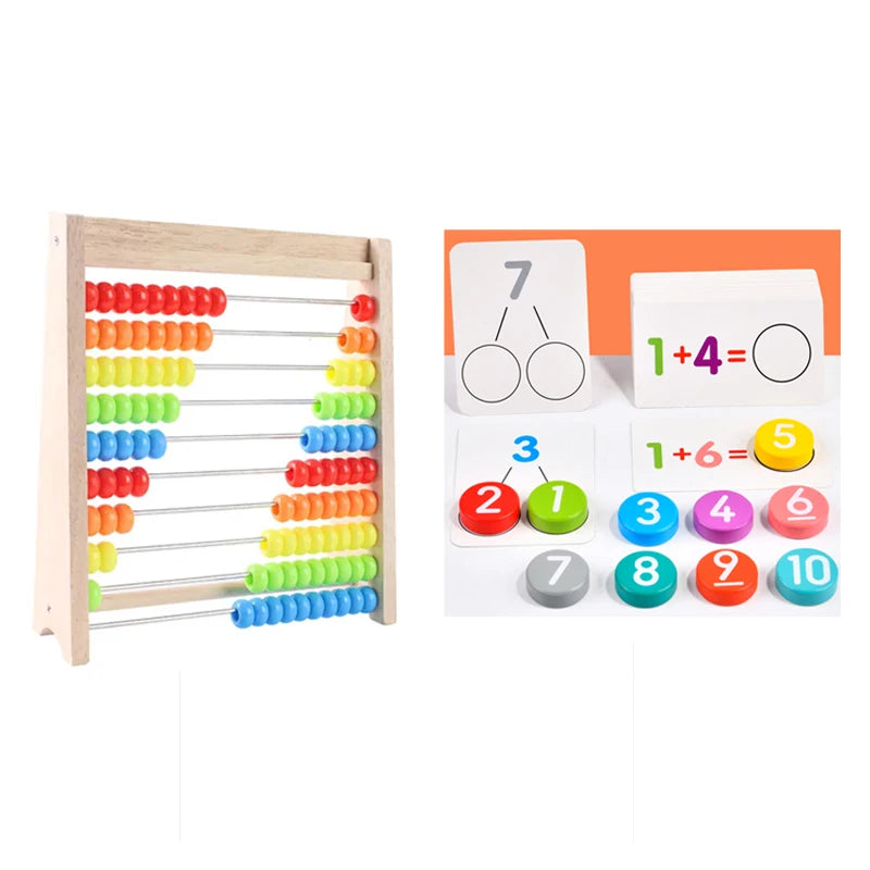 Montessori wooden abacus with a math learning board and number tiles for guided lessons.