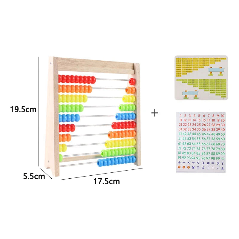 Classic Montessori wooden abacus shown with a size dimensions chart for gift planning.