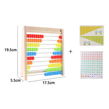 Classic Montessori wooden abacus shown with a size dimensions chart for gift planning.