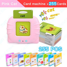 Montessori audio flash cards pink device with animal and word cards for vocabulary learning.